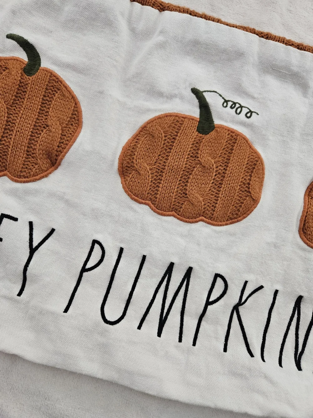 Rae Dunn Hey Pumpkin Lumbar Pillow Cover Cable Knit Applique Orange Fall